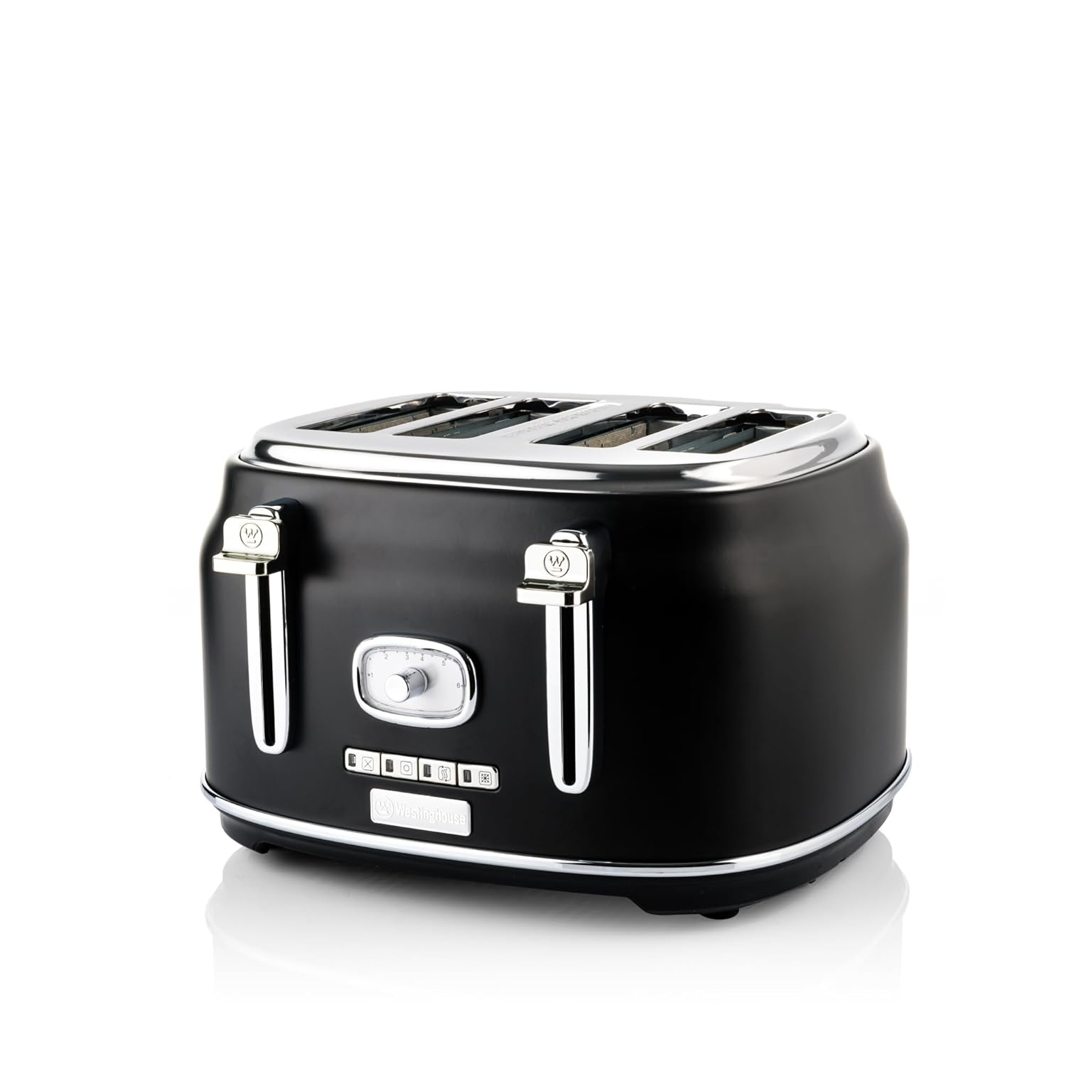 Westinghouse 4 Slice 1750W Retro Toaster | Removable Bun Attachment, 6 Browning Levels, Bread Centring, Defrost, Warm-up & Stop Function, Extendable Crumb Tray | 2-Yr Warranty (Black) Westinghouse 4 Slice 1750W Retro Toaster | Removable Bun Attachment, 6 Browning Levels, Bread Centring, Defrost, Warm-up & Stop Function, Extendable Crumb Tray | 2-Yr Warranty (Black)