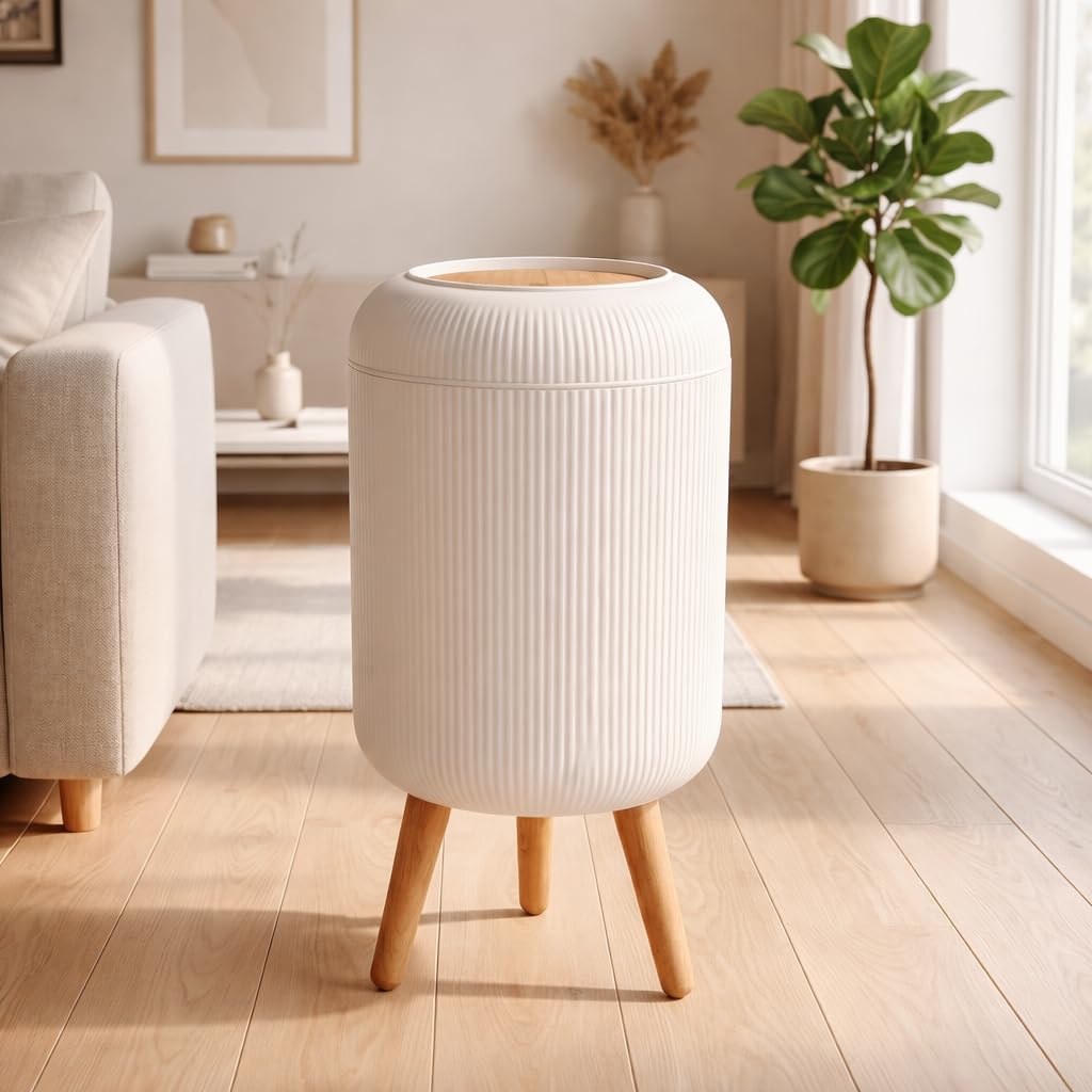 ZENOVIA Modern Dustbin with Legs for Home | Push-Button Lid | White & Wood Finish Trash Can for Bedroom, Living Room, Kitchen | Stylish Pedal-Free Waste Bin | Large Capacity Plastic Dustbin-image-5