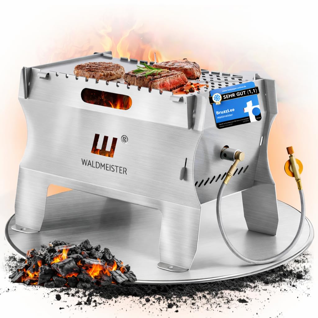 WALDMEISTER BruzzLee mobiler Gasgrill klein | kompakter Camping Gasgrill mit 2 Brennern | Kompaktgrill steckbar | Tischgrill für Camping, Balkon, Outdoor