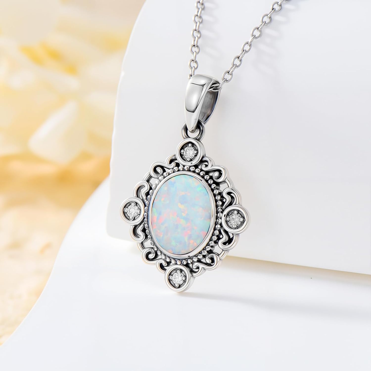 Oval Opal with Genuine Diamond Pendant Necklace 925 Sterling Silver Dainty White Opal Necklace Anniversary Birthday Jewelry Gifts for Women Her - Image 5