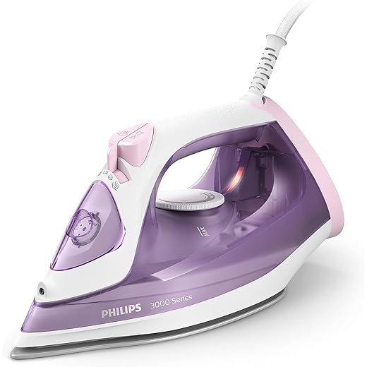 Philips fer à repasser Série 3000 - Puissance Fer à Vapeur 2000W, Effet Pressing 140 g, Débit Vapeur Continue 30 g/min, Semelle en Céramique Anti-Rayures, Réservoir 300ml, Mauve/blanc (DST3010/30)
