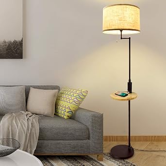 DLLT غرفة المعيشة مصباح أرضي LED - ضوء اللكنة الدائمة مع منفذ شحن USB ، توفير الطاقة ، إضاءة القطب الطويل مع طاولة جانبية ، مصابيح الغرف المعاصرة في منتصف القرن ، أضواء دافئة E26 ، ظل قماش