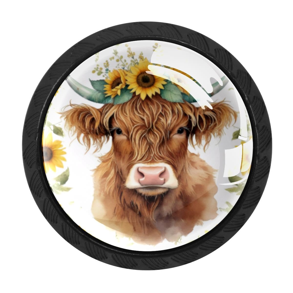 4 PCS Cabinet Knobs, Highland Cow Sunflowers Drawer Knobs Dresser Handles