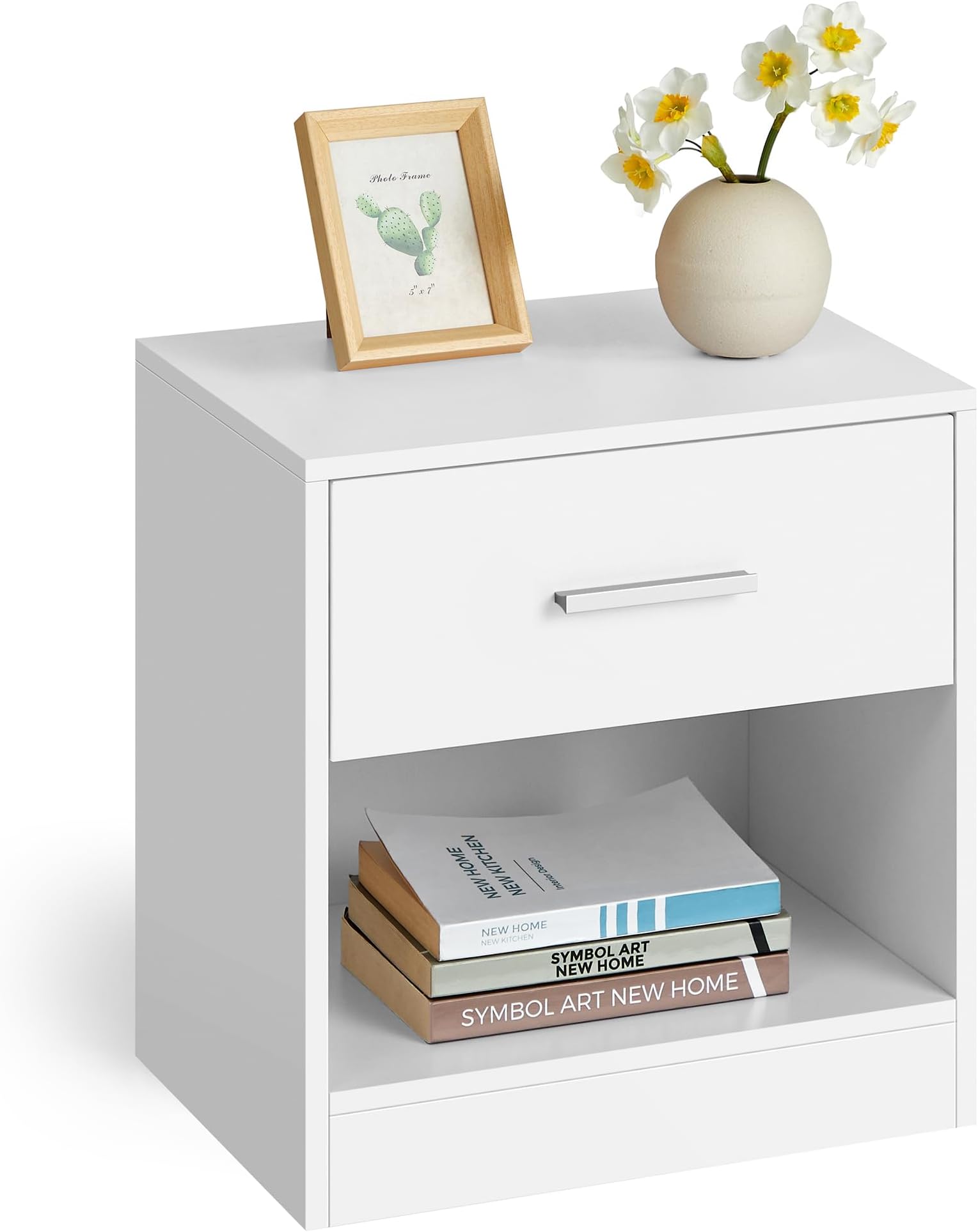VASAGLE Bedside Table with Drawer, Handle, Open Compartment, for Bedroom, Living Room, Classic White LET619T14