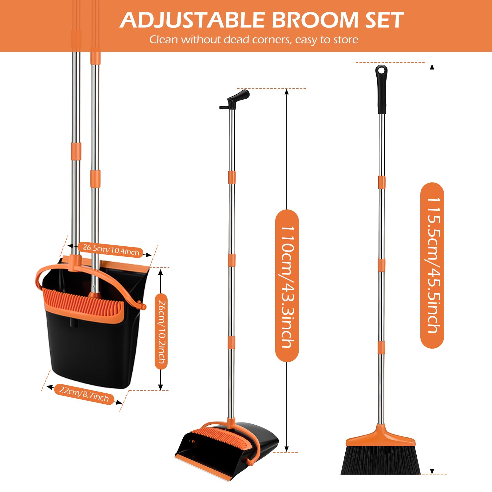 Escoba y Recogedor de Mango Largo 137 cm, Plegable, Combinados, Negro Naranja