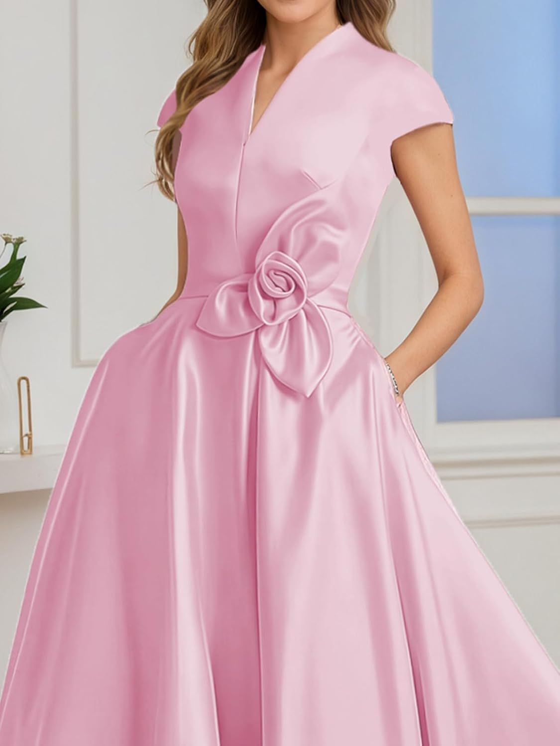 Tea Length Satin Mother of The Bride Dresses for Women A Line V Neck Cap Sleeve Formal Evening Party Gowns - Image 4