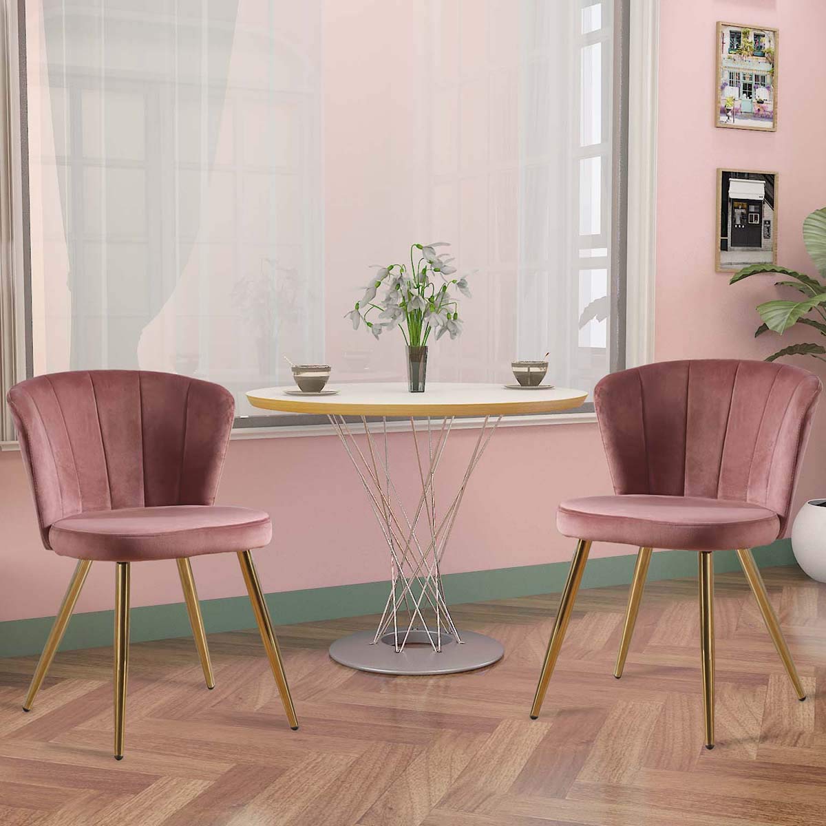 Lifetech Set Of Pink Velvet Dining Chairs With Padded