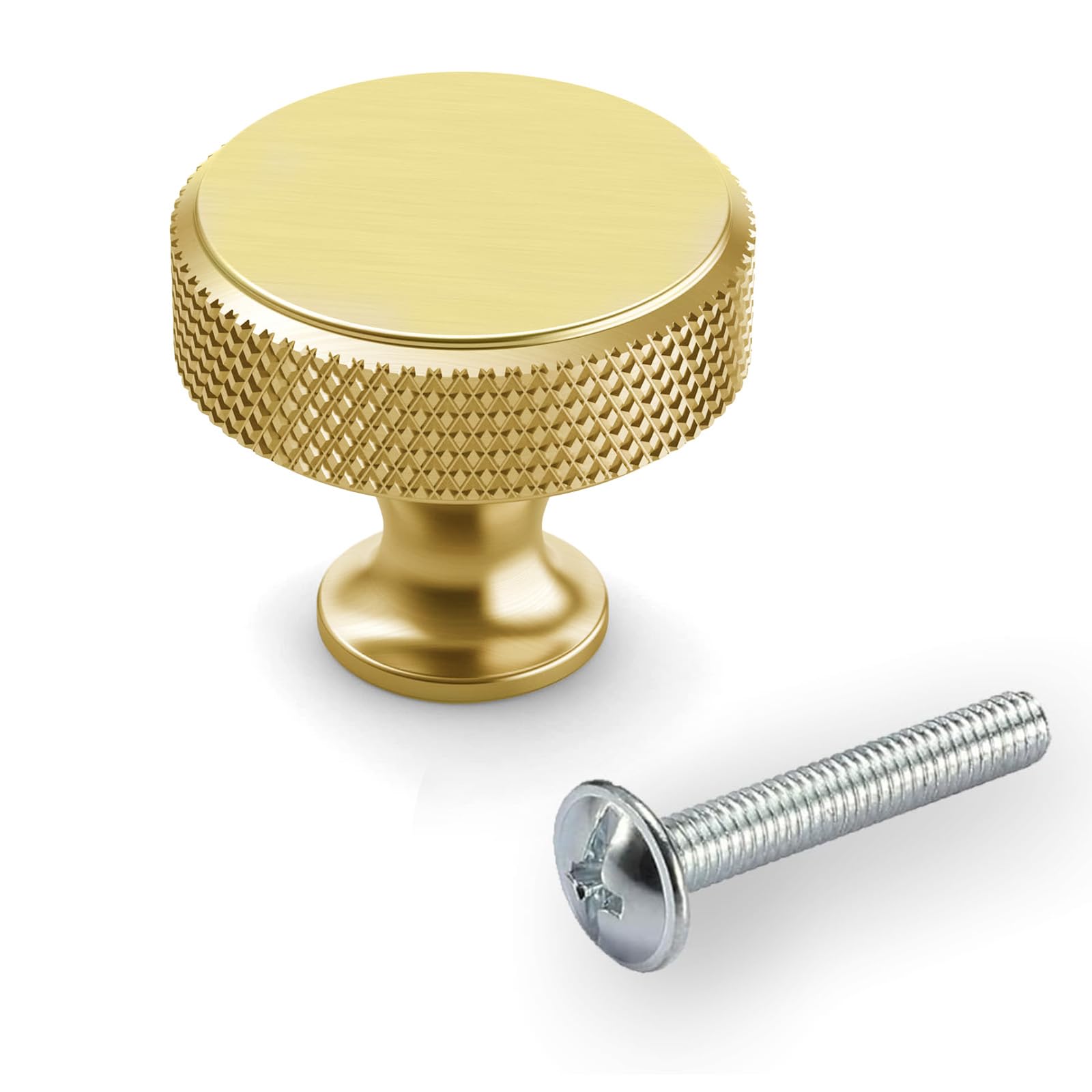 Guerity 10 Pack Brushed Stain Nickel Knurled Cabinet Knobs, Silver Drawer Knobs Knurled Round, Round Single Hole Knob for Kitchen, Dresser, Wardrobe, Chest of Drawers (Golden, 10PC)