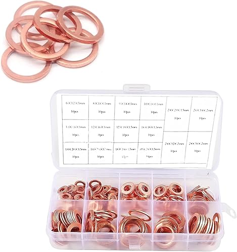 Ferianl Juego de 200 arandelas de cobre de 9 tamaños, surtido de sellado métrico, arandelas de sellado plano M5 M6 M8 M10 M12 M14, surtido de
