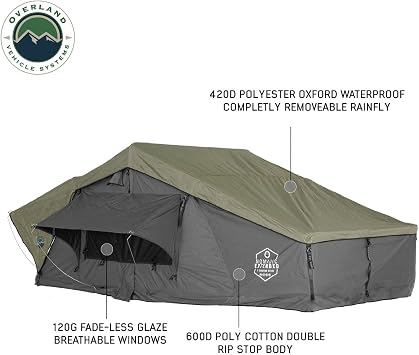Extended Soft Shell Rooftop Tent, 4-Person - Overland Vehicle Systems HD Nomadic 4 - Grey Body & Green Rainfly