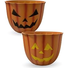 Halloween Pumpkin Planter with Face - 10 Fiber Clay Pot with Drainage Candy or Snack Bowl Indoor Outdoor, Fall and Halloween Decor 2 Pack