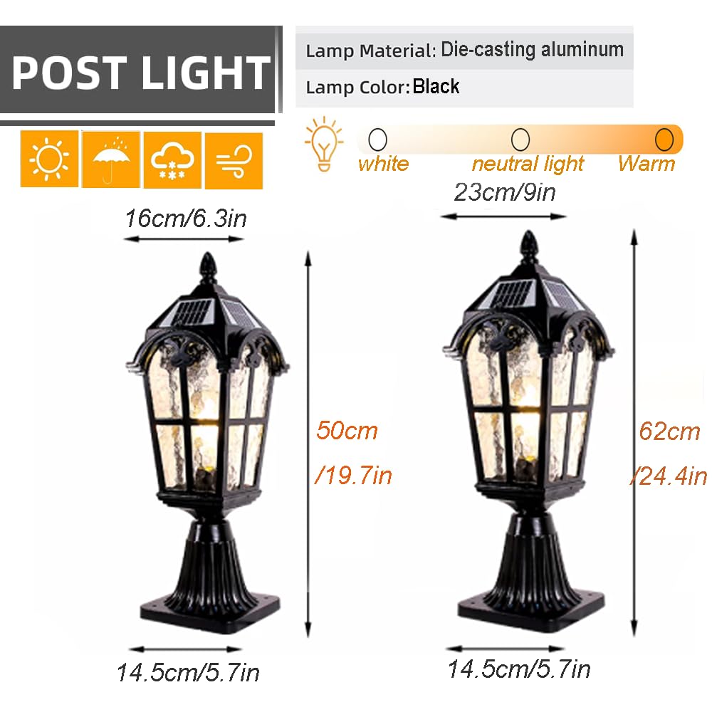 Lampa słoneczna do ogrodzenia ściennego górne czarne oświetlenie zewnętrzne do słupków tarasowych i ogrodowych Lampa solarna na filarze Vintage latarnia ogrodowa ze szkłem do dekoracji