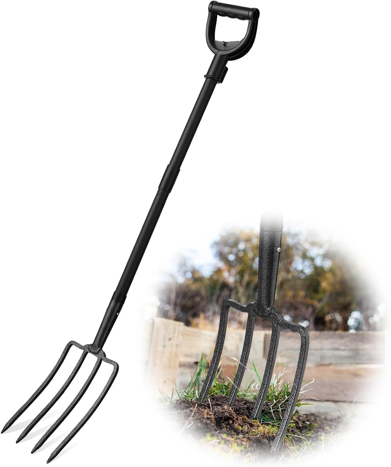 Horquilla de Pala, 127cm Horquilla de Excavación de Jardín de Acero de 4Dientes con Mango en D de Metal, 28cm Cabeza Forjada, Ideal para Suelos Duros y Trasplantes/Negro