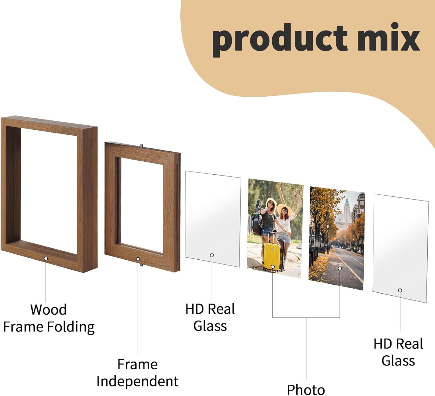2 Pack 6x8 Rotating Floating Picture Frames, Walnut Wood Floating Photo Frame Double-Sided Display with Crystal Glass for Tabletop, Desk or Shelf