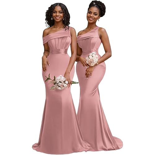 Mermaid One Shoulder Bridesmaid Dresses for Women Satin Long Corset Prom Dresses Formal Evening Gown