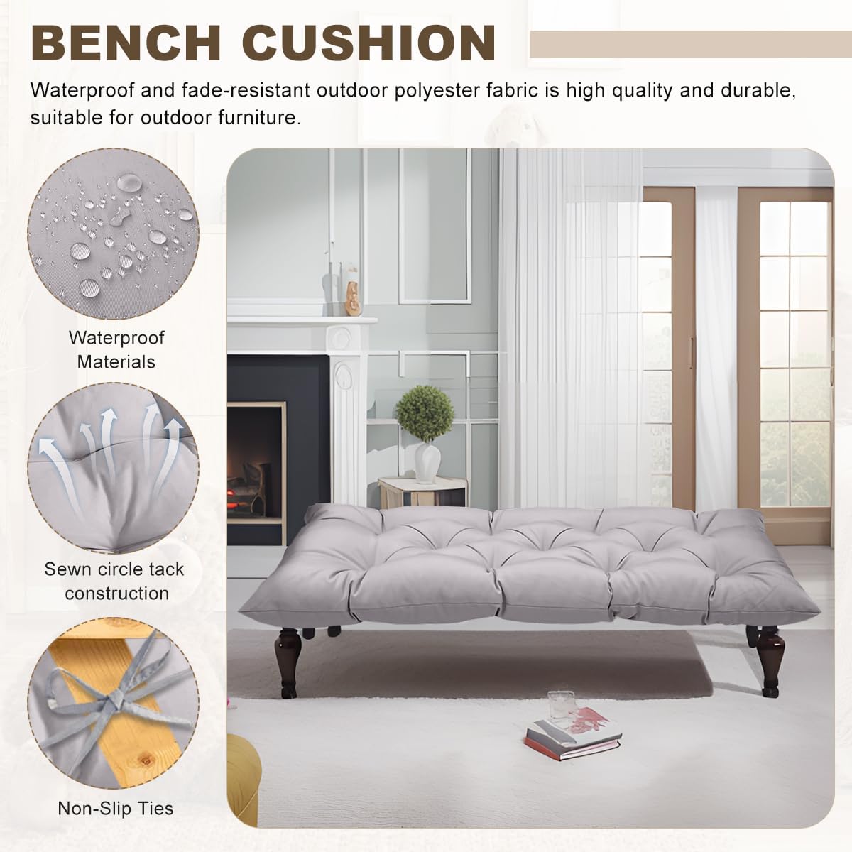 Outdoor Bench Cushion 47inches Waterproof & Fade Resistant Patio Furniture Cushions Tufted Fresh Porch Swing Lounger Loveseat Pads with Straps(Light grey-47x20in)