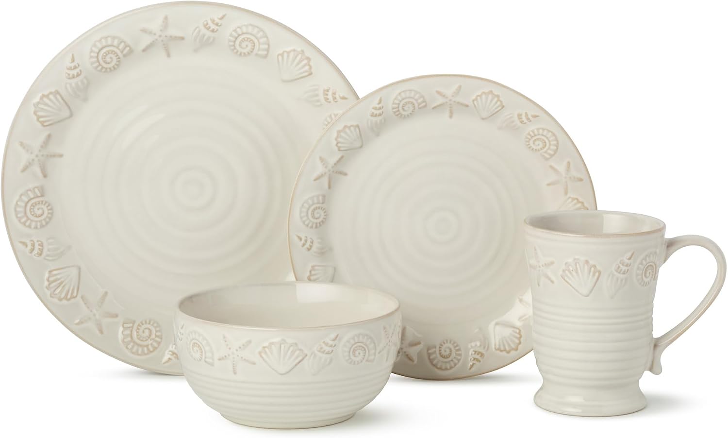 Coastline Cream 16-Piece Stoneware DINNERWARE SET,SERVICE for 4 with embossed coastal shells and starfish detailing, durable beach house tableware for relaxed coastal living and everyday dining