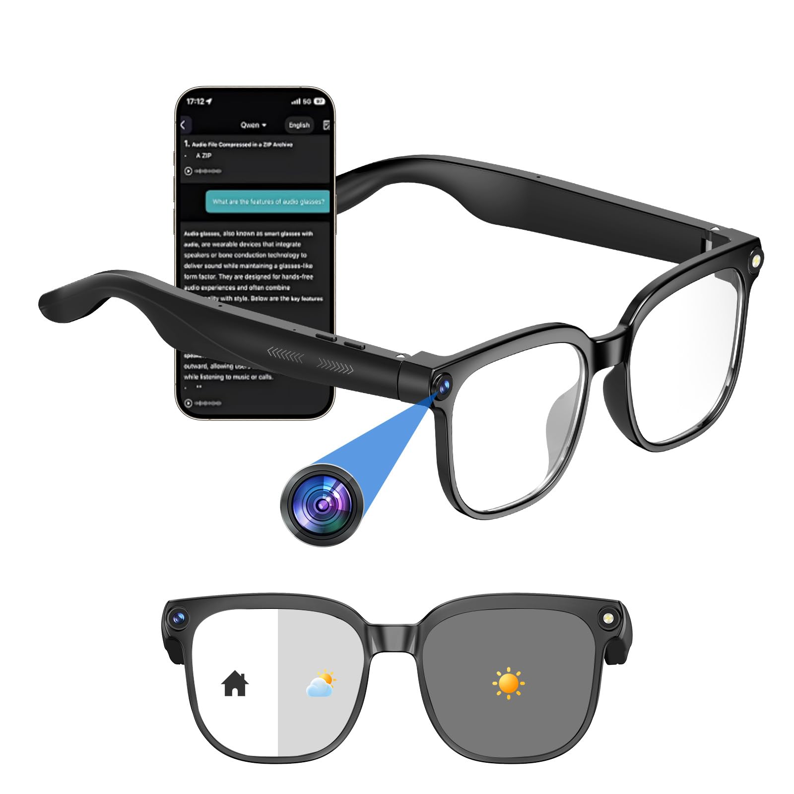 AI Smart Glasses with Camera, 8MP HD Anti-Shake Camera Glasses, 1080P Video Recording Dual Mic AI Glasses, Real Time Translation, Built-in ChatGPT Voice Assistant, Open-Ear Audio for Travel&Meetings-image-11