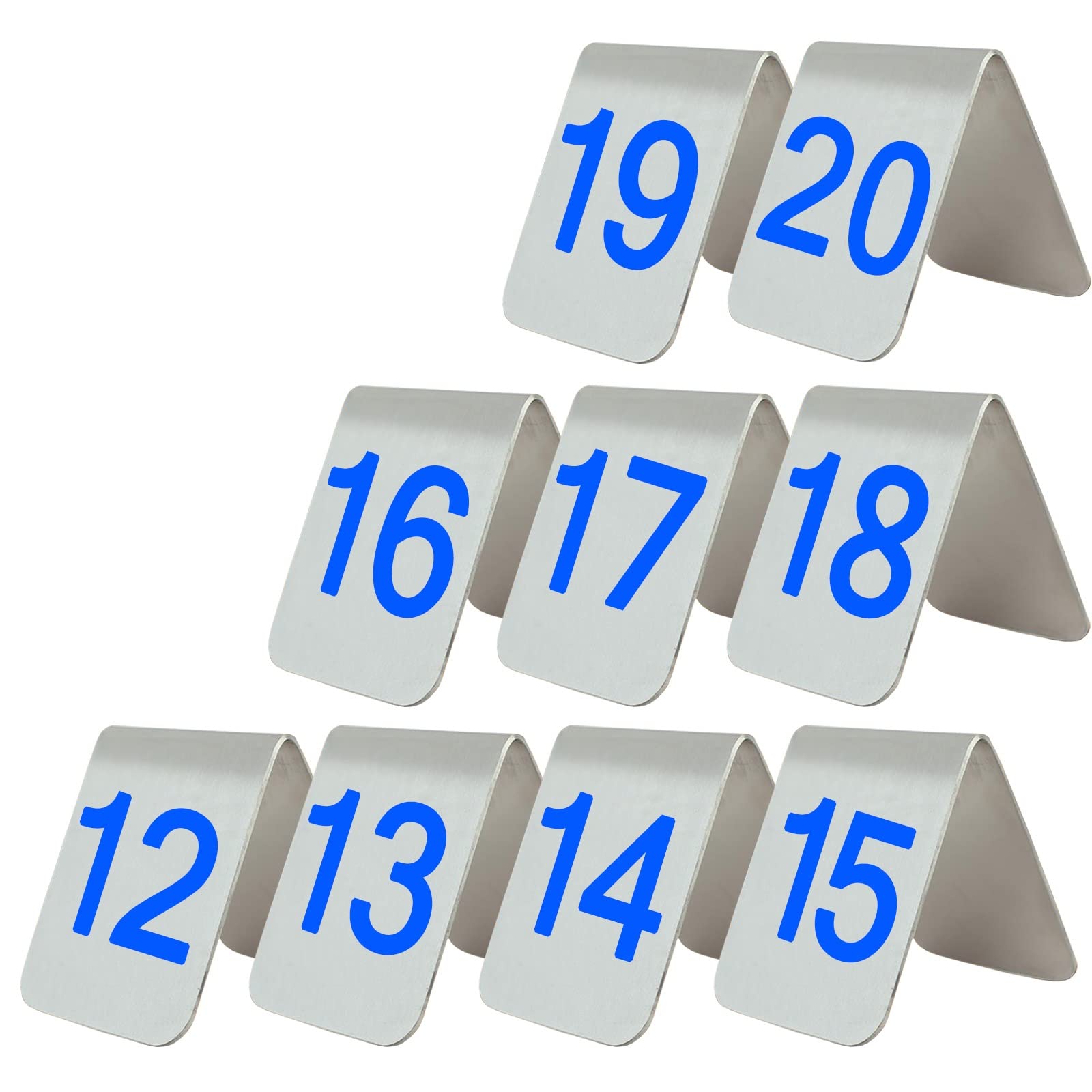 MYUYEE Stainless Steel Restaurant Table Numbers, Tabletop Number Sign Tent Style, Double-Sided Number 1-10/20, Placed Smoothly On The Table, Metal Number Tags Stackable (Blue-7.5X6X6.5Cm)