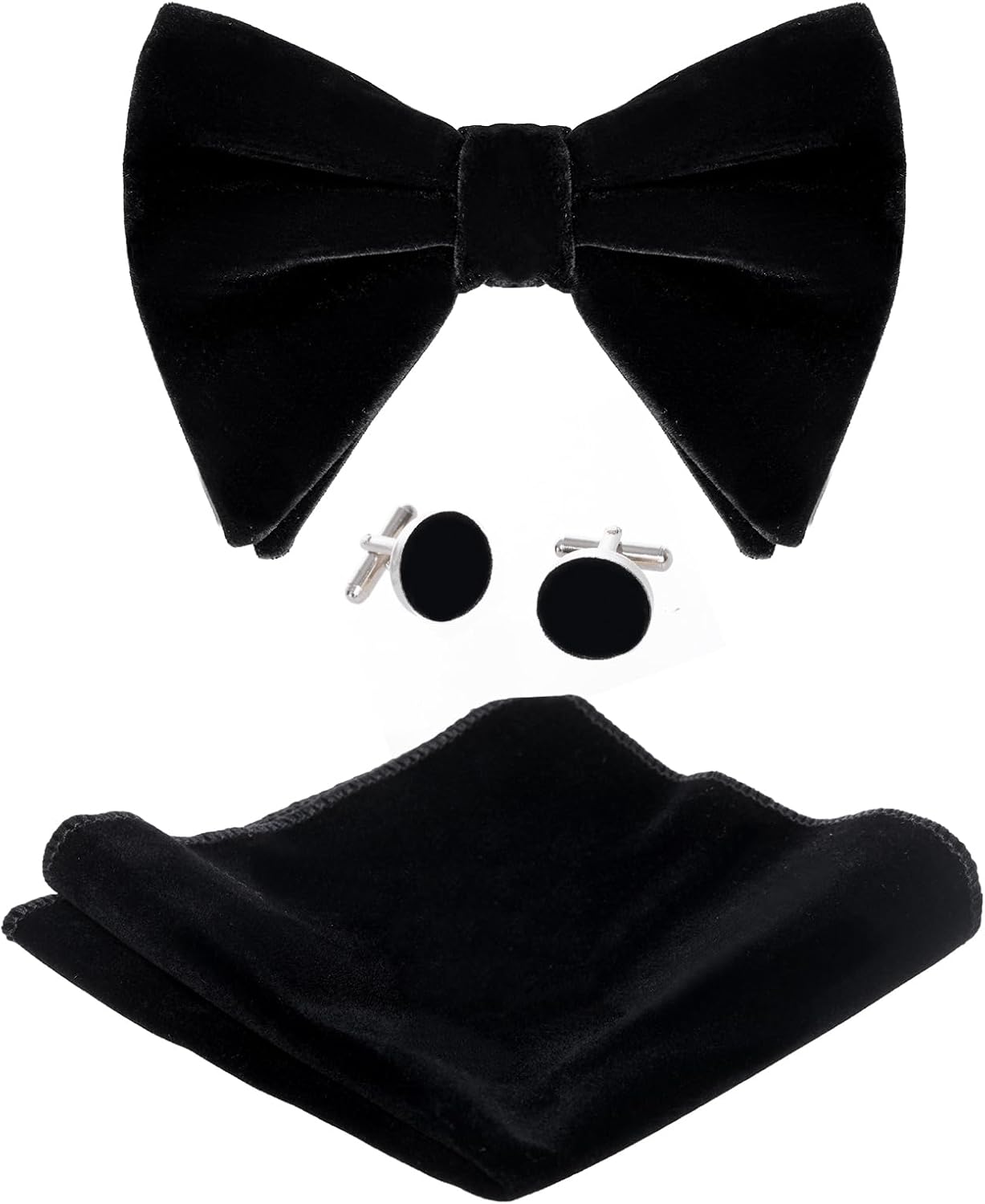 Black Velvet Bow Tie Pocket Square Cufflinks Set for Men, Solid Pre-tied Adjustable Bowtie, Men's Tuxedo Bow Ties