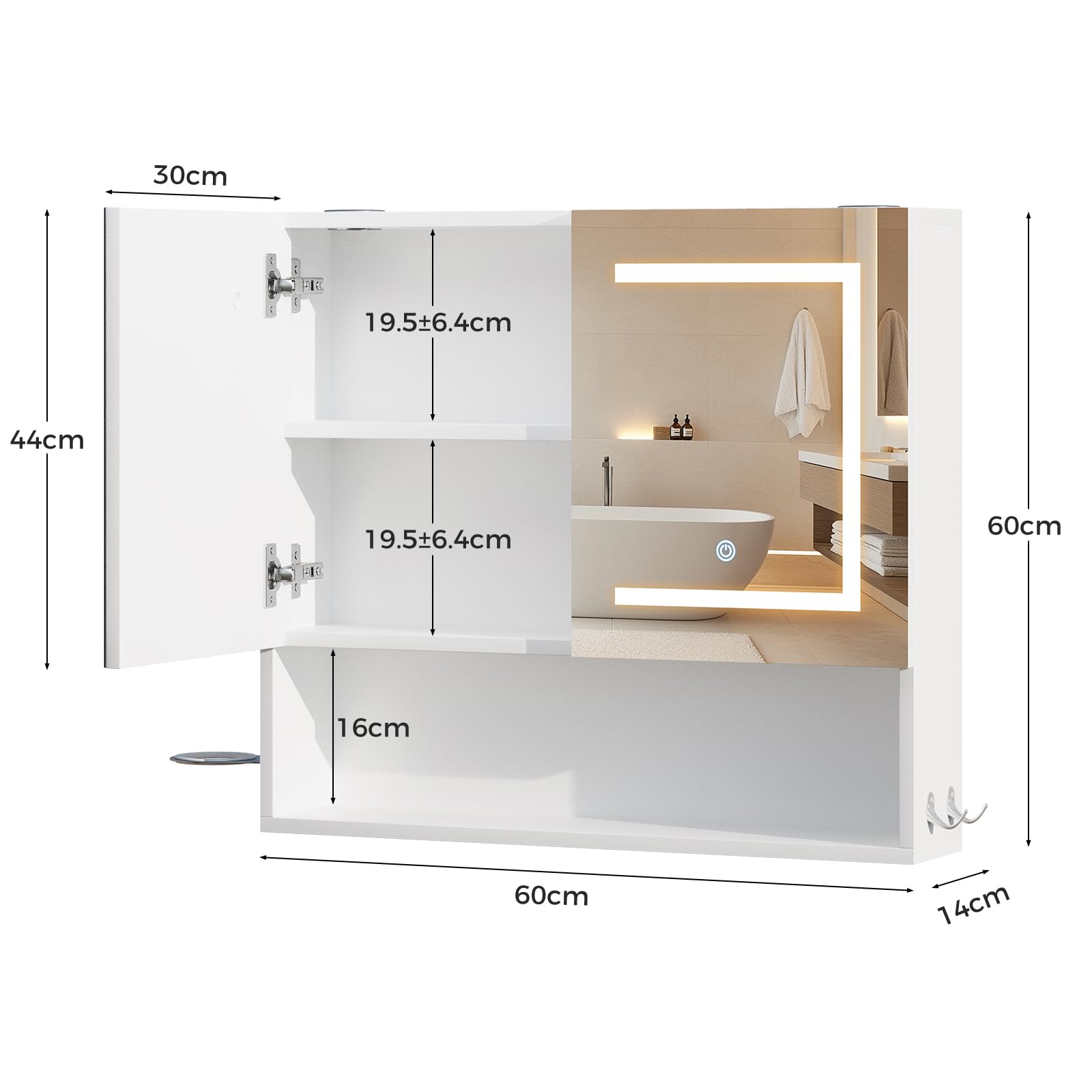 ELUCHANG Armadio da bagno con specchio e illuminazione a LED,Specchio Bagno Contenitore, ripiani regolabili,Porta Asciugacapelli e Asciugamani, Mobile Bagno con Specchio a Due Ante,60X14X60CM,Bianco