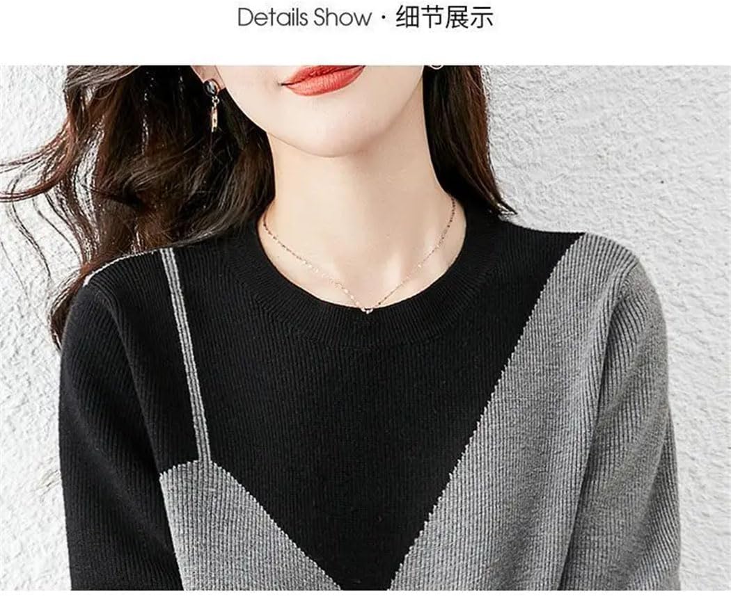 Women's Fashion Panelled Knit Sweaters Round Neck Long Sleeve Loose Pullovers All-Match Warm Casual Tops