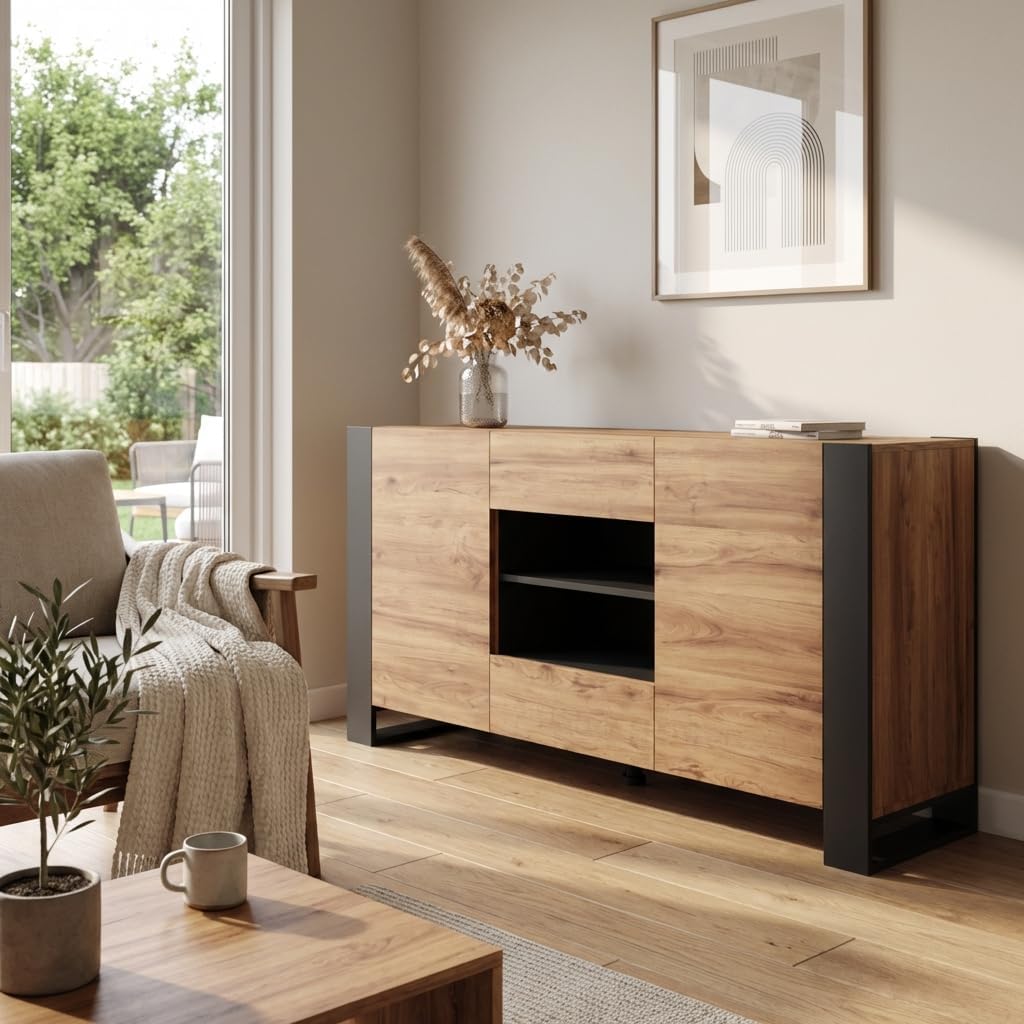 Meble Furniture Woody 64.5" Modern Sideboard Table — Two Doors and Two Drawers — Engineered Wood, 31.5" H x 64.5" W x 17.5" D — Oak/Gray