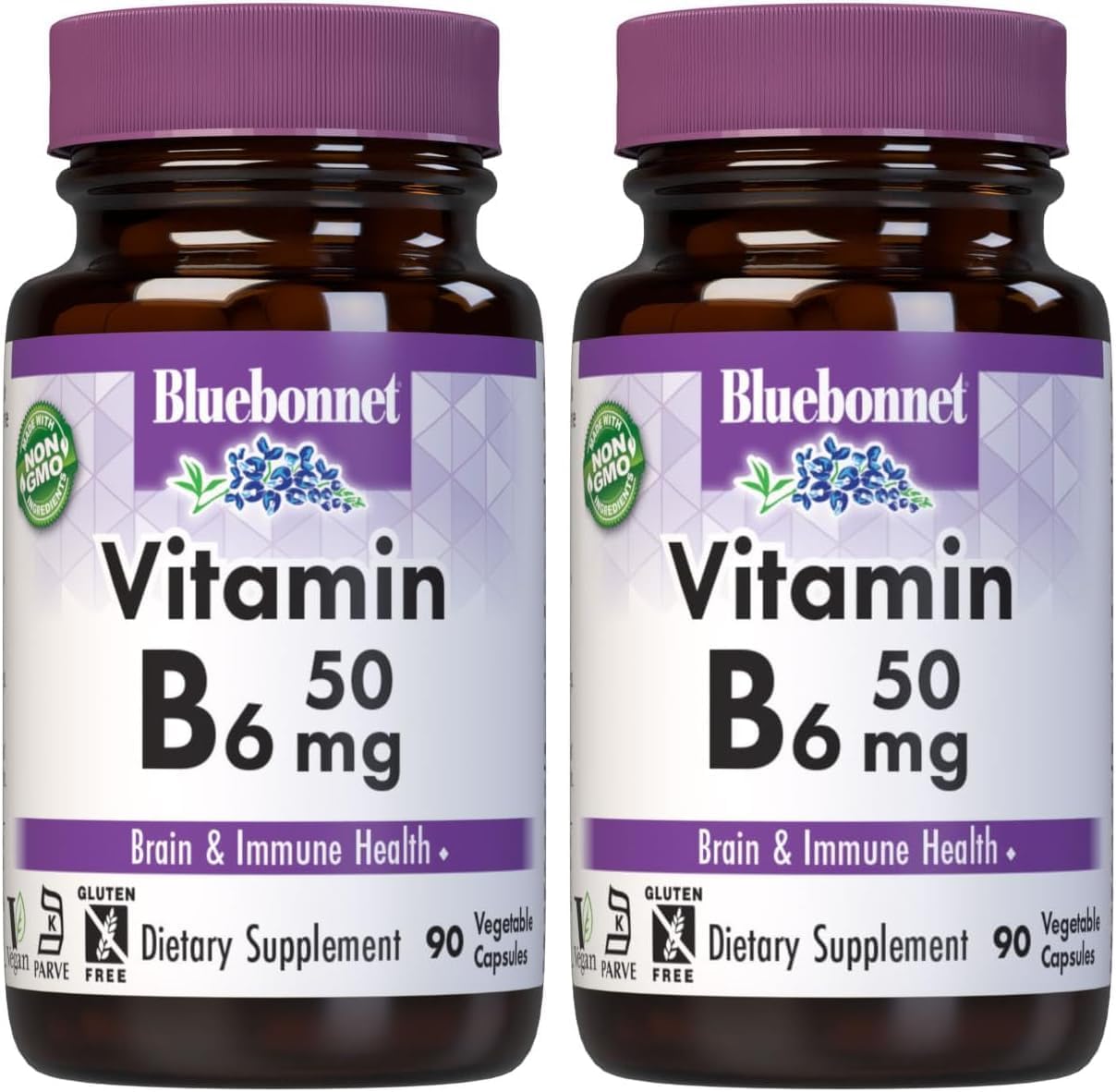 BlueBonnet Nutrition Vitamin B6 50mg Energy Vitamins for Women & Men - Nervous System Immune & Heart Health Support Supplement - Non-GMO, Vegan, Gluten-Free - 90 Vegetable Capsules (Pack of 2)