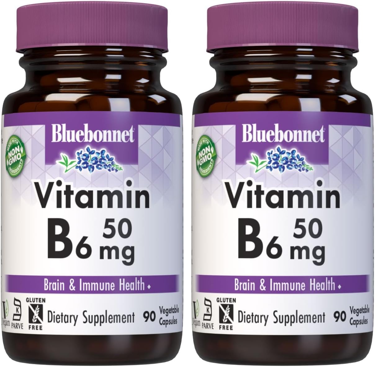 BlueBonnet Nutrition Vitamin B6 50 mg, 90 Vegetable Capsules 90 Count (Pack of 2)