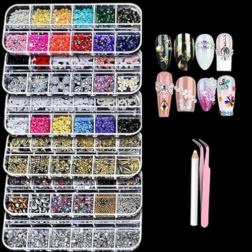 Nail Rhinestones Nail Art Tools- 6 Boxes of Nail Charms and Gems Nail Pearls Nail Jewels,3D Cross Nail Rhinestones for Nails Bedazzling Supplies, Charms for Nails Design Nail Art Kit