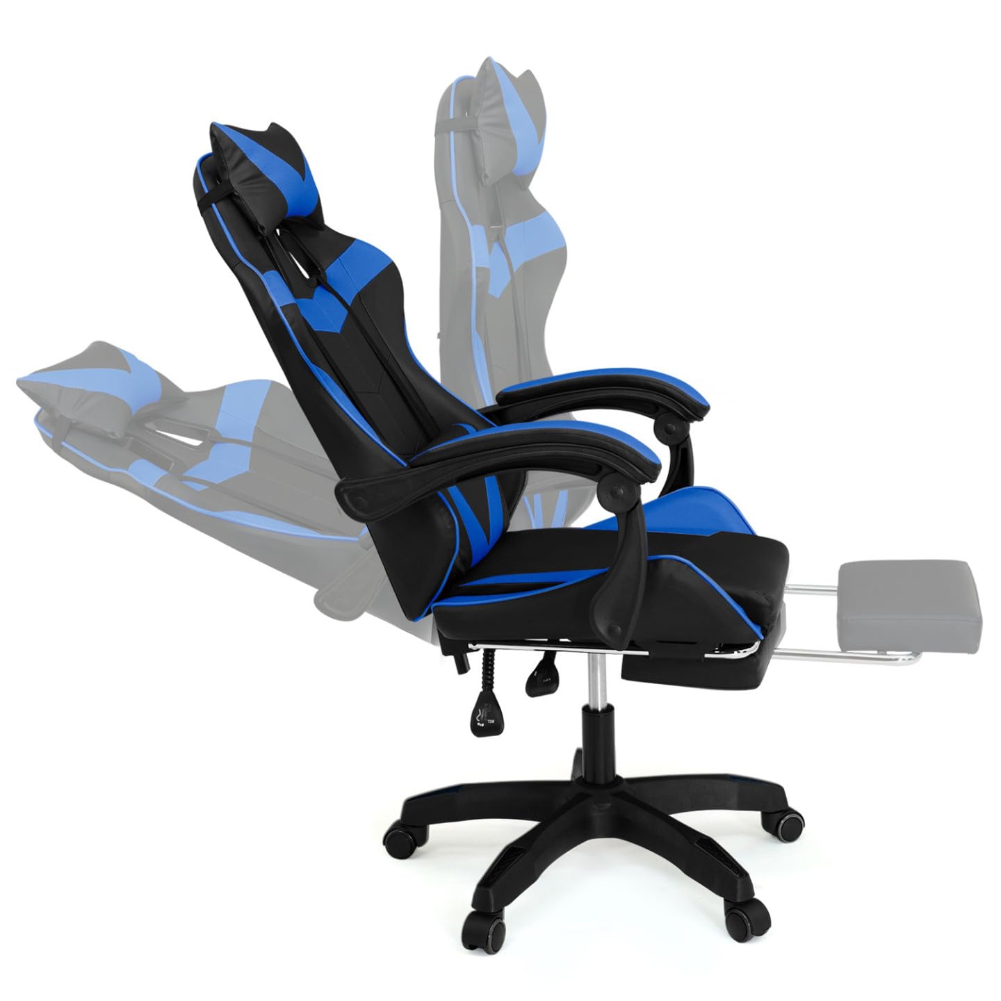 IDMarket - Sedia da gioco ALEX regolabile con poggiapiedi, cuscino per la testa e cuscino lombare in nero e blu