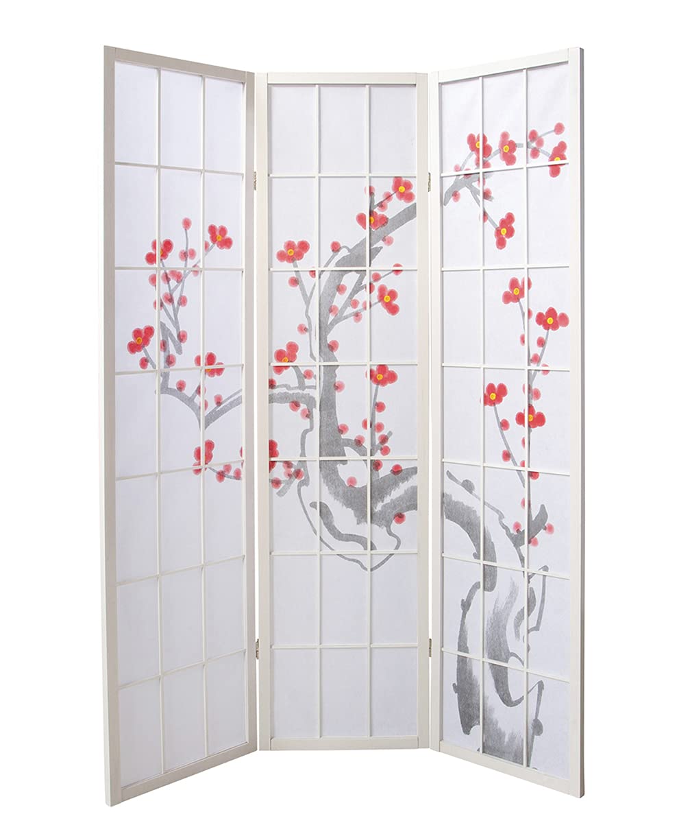 PEGANE Paravent Japonais Fleur de Cerisier en Bois Blanc de 3 pans, L132 x H175 x P2 cm
