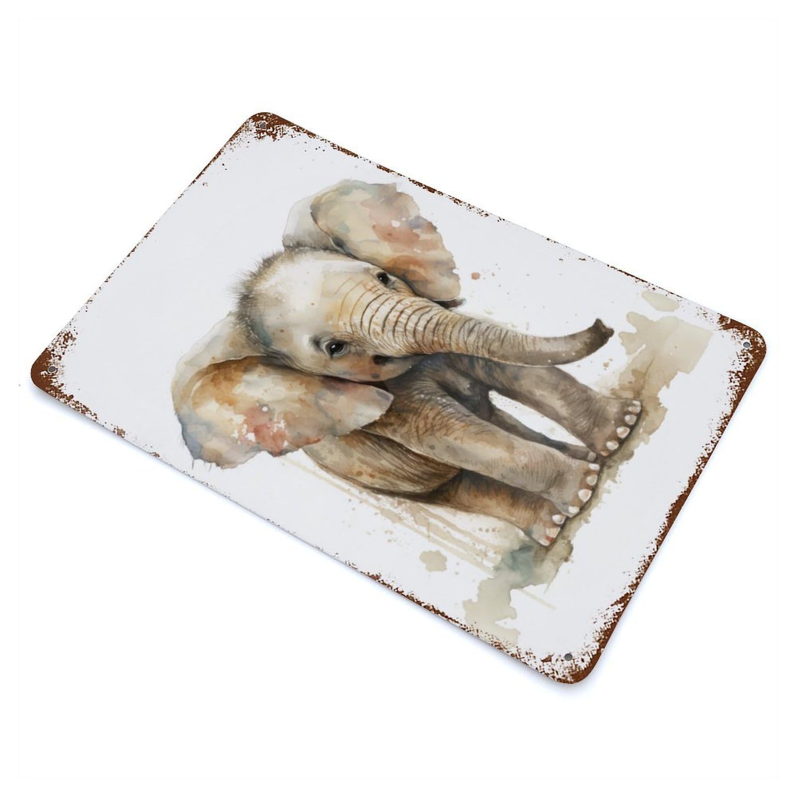 Weathered Tin Sign Baby Elephant Watercolor 11.8"x7.9", Rustic Home Decor for Bistro, Counter And Cafe Decor