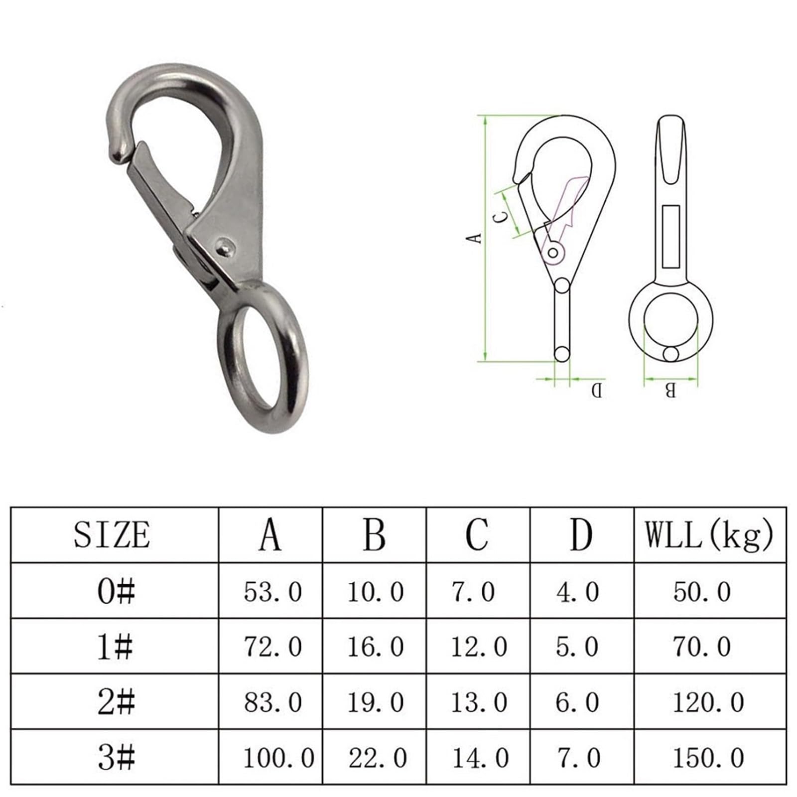 5 Stück robuster Karabinerhaken aus rostfreiem Stahl 304 mit festem Ösenclip, Karabinerhaken, universelle Marine-Clip-Dock-Hardware(72mm)