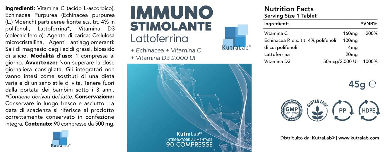 LATTOFERRINA Integratore Immunostimolante, 90 Compresse, Lattoferrina, Echinacea, Vitamina C, Vitamina D3 2.000 U.I., Fornitura 3 Mesi
