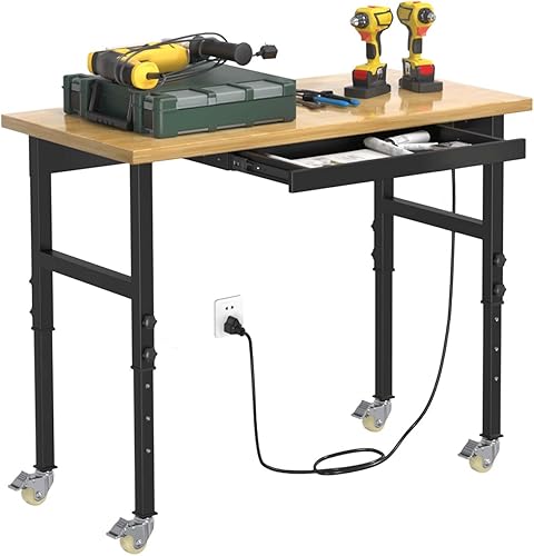 Miniatura 12 de Banco de trabajo de madera resistente de 48 pulgadas, banco de trabajo de altura ajustable, mesa de trabajo de capacidad de 2500 libras para garaje,