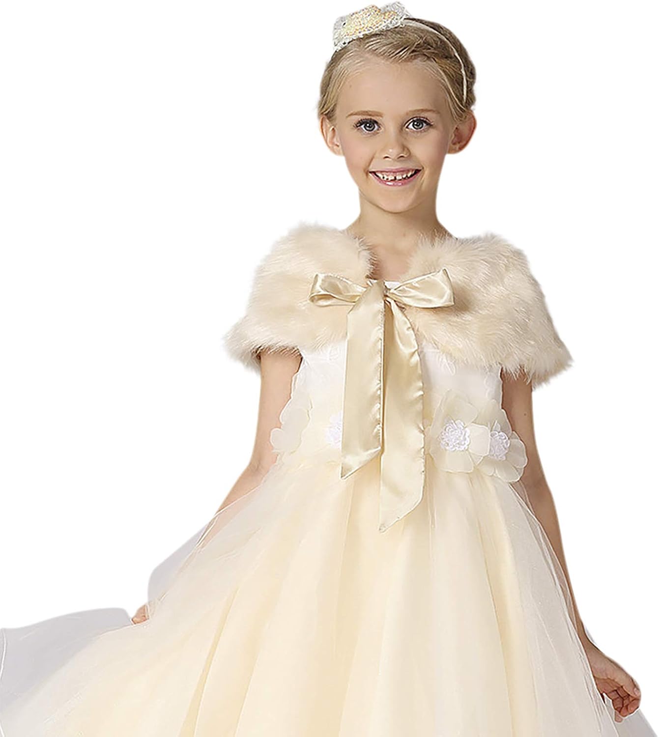 BXT Flower Girls Faux Fur Princess Cape Winter Warm Shoulder Wrap Ribbon Ties Wedding Birthday Party Dress Costume