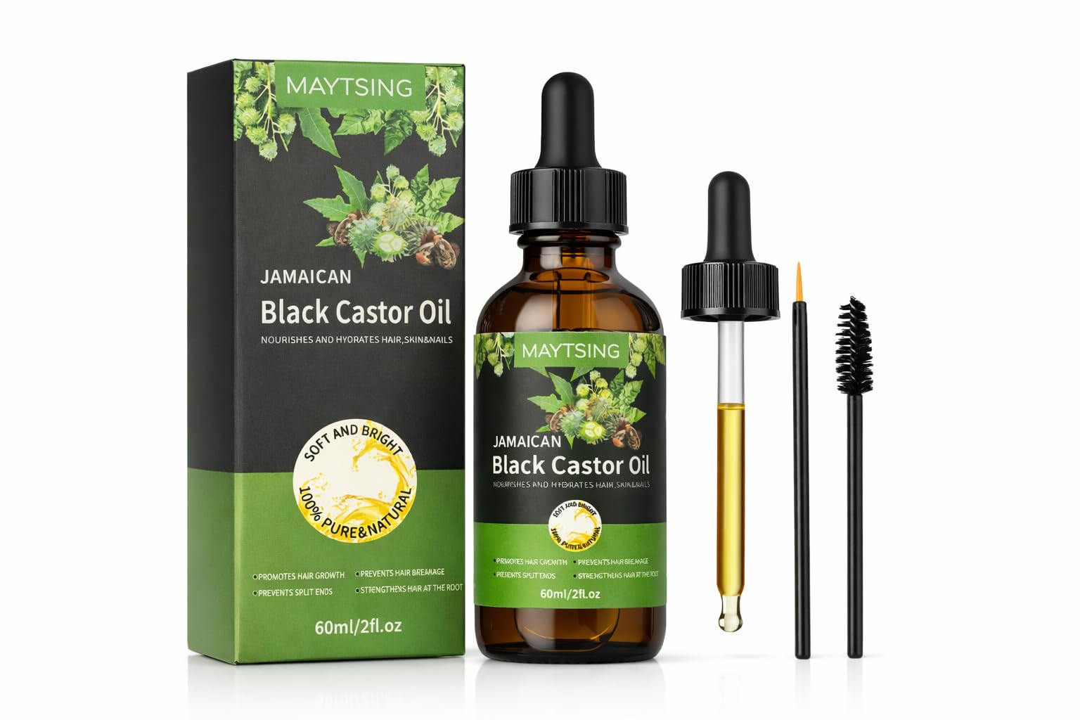 Jamaican Black Castor Oil – 100% Pure Cold Pressed Organic Castor Oil for Hair Growth, Eyelashes, Eyebrows, Skin & Nail Care – Glass Bottle 2.02 Fl Oz (60ml)