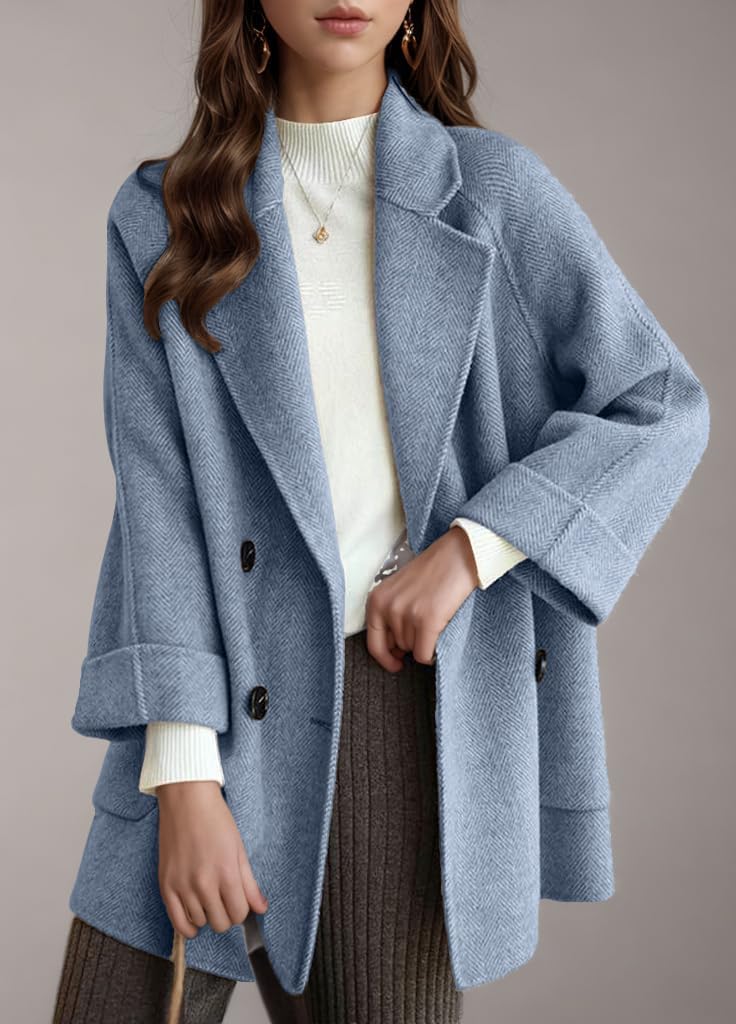 chouyatou Women's Casual Notch Lapel Double Breasted Warm Shacket Jacket Wool Coat