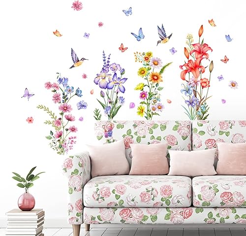 Miniatura 9 de Calcomanías de pared de plantas botánicas de rosas, 2 hojas de flores, mariposas, calcomanías de pared de PVC extraíbles para niñas, dormitorio,