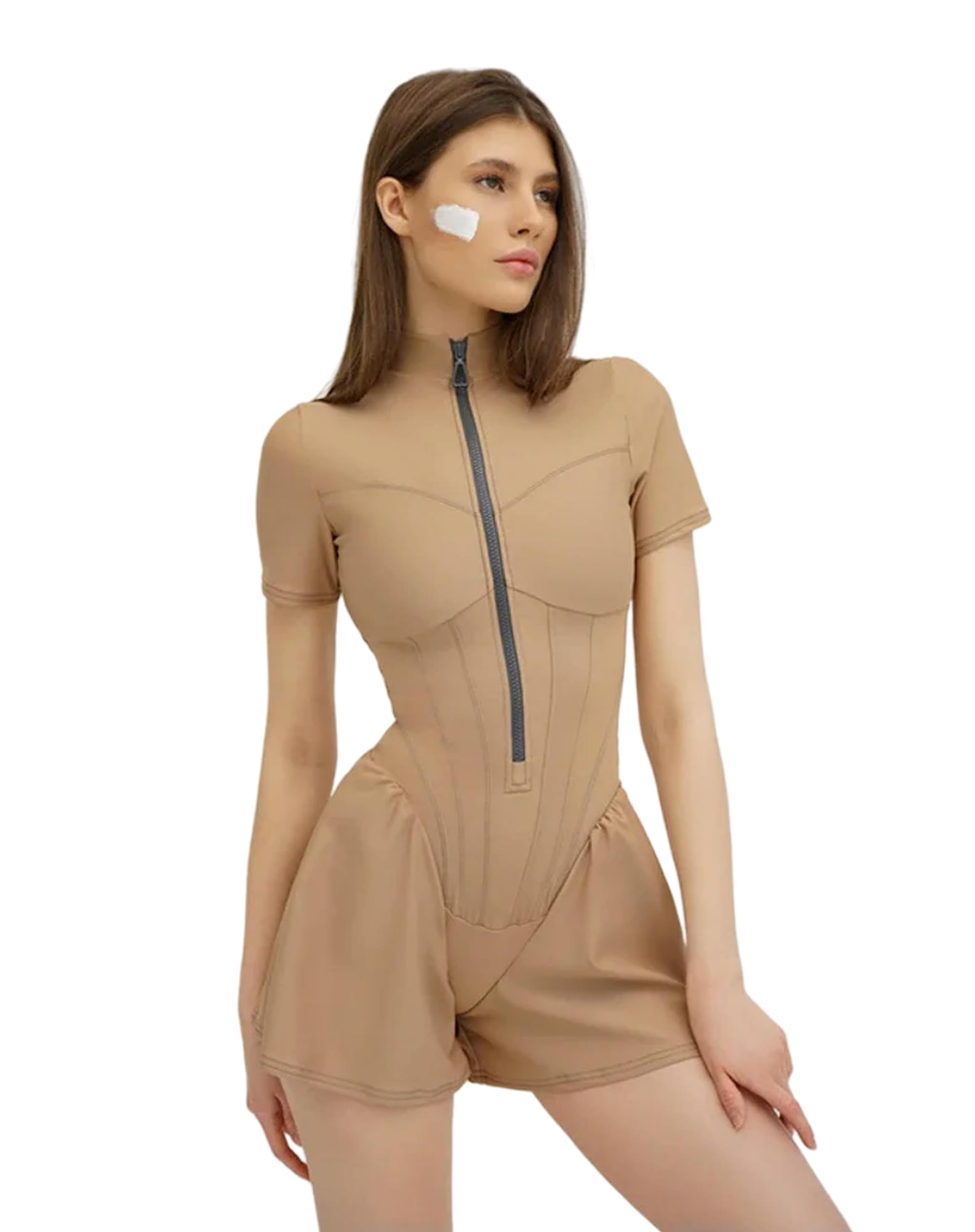 Juketron Body Sexy ajustado con cremallera para mujer, mono de manga corta con cuello redondo, mono ajustado informal elegante, peleles, ropa deportiva para gimnasio