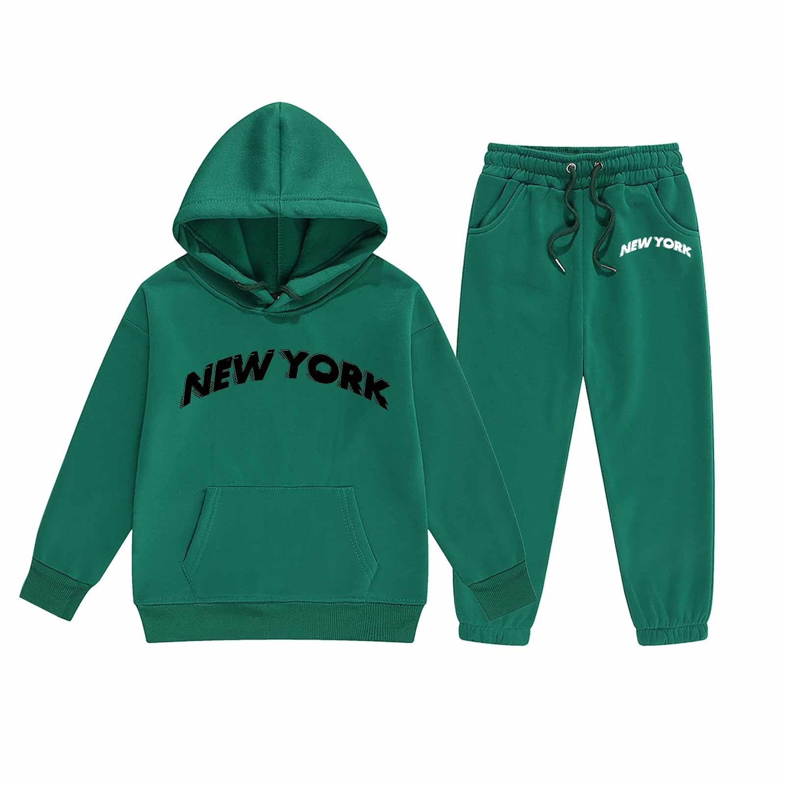 New York Print Girls Hoodies with Loose Joggers Long Sleeved Boys Girls Tracksuits Set Casual Two Piece Playsuit Walking Outfits Sets Classic Sweatsuit for Running Hiking Prime Membership