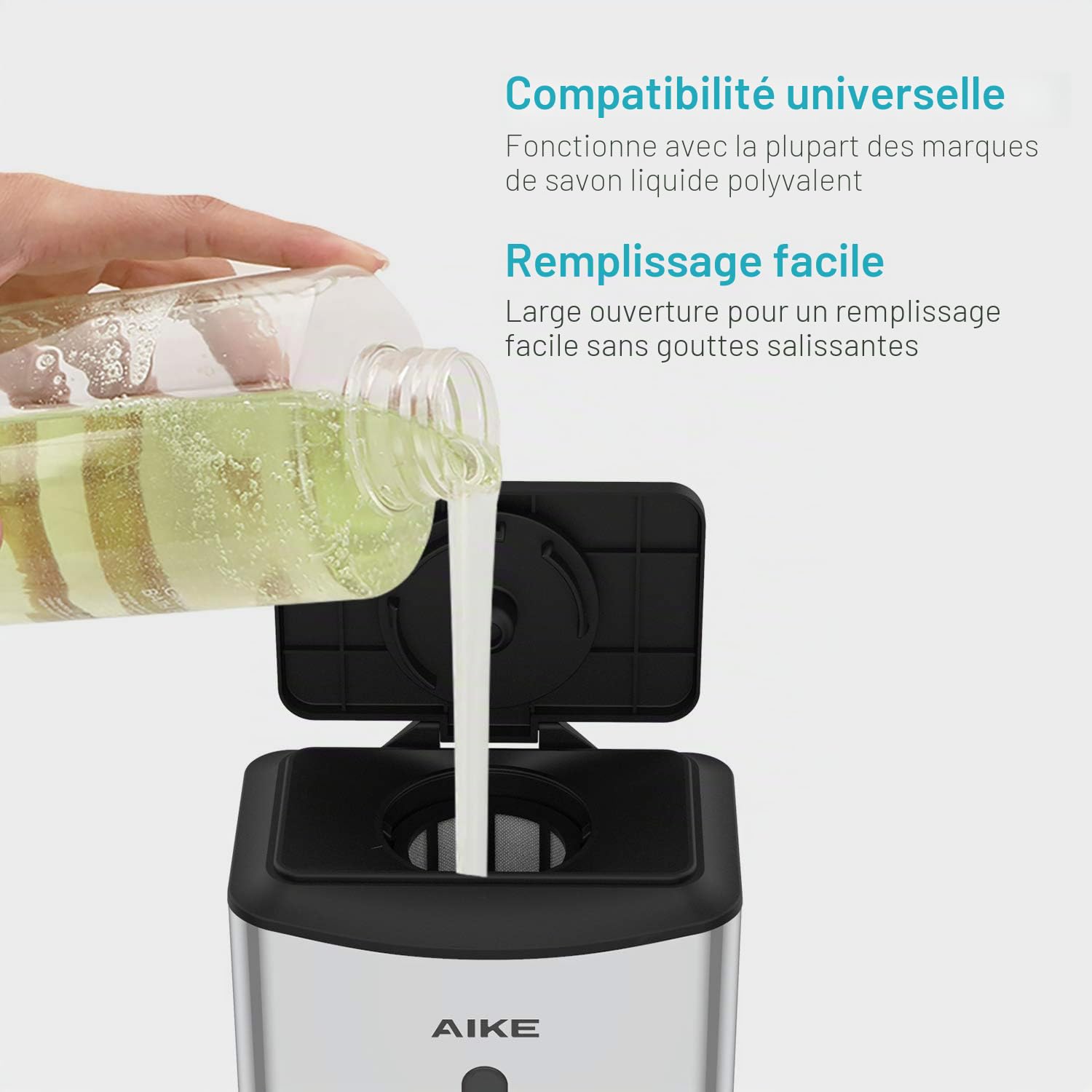 AIKE Distributeur de Savon Liquide Automatique Commercial Mural, 1100 ML en Acier Inoxydable, pour Toilettes, Salles de Bain et Cuisines, AK1206 (Poli)