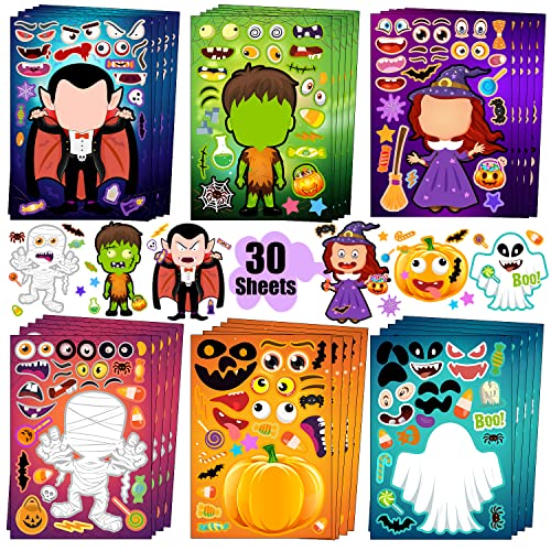 Halloween Stickers, Stickers for Kids, 30 Packs Make a Face Sticker Sheets, Halloween Crafts Party Favors for Kids