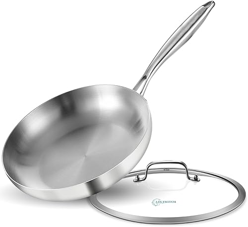 Sartén de acero inoxidable 188 de tres capas de 10 pulgadas con tapa, sartén, sartén de inducción, apta para lavavajillas y horno, mango desmontable.