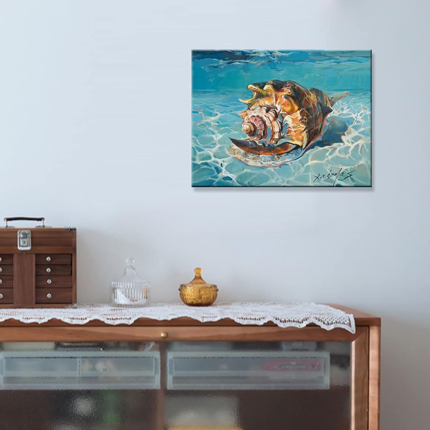 JZLDZS Blue Ocean Beach Bathroom Wall Art Seashell Canvas Print Framed Conch Painting Artwork Coastal Picture Wall Decor for Living Room Bedroom, 12x16 Inch