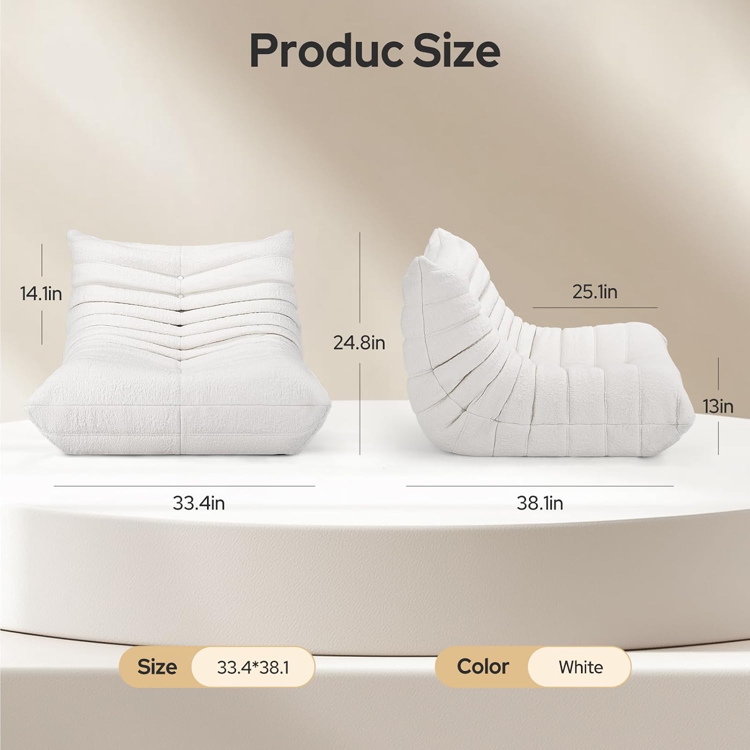 High-end Bean Bag Chair, Fireside Togo Chair with White Jacquard Fabric Cover, Comfy & Soft Lazy Floor Lounge Sofa for Bedroom, Living Room, Office or Lounger