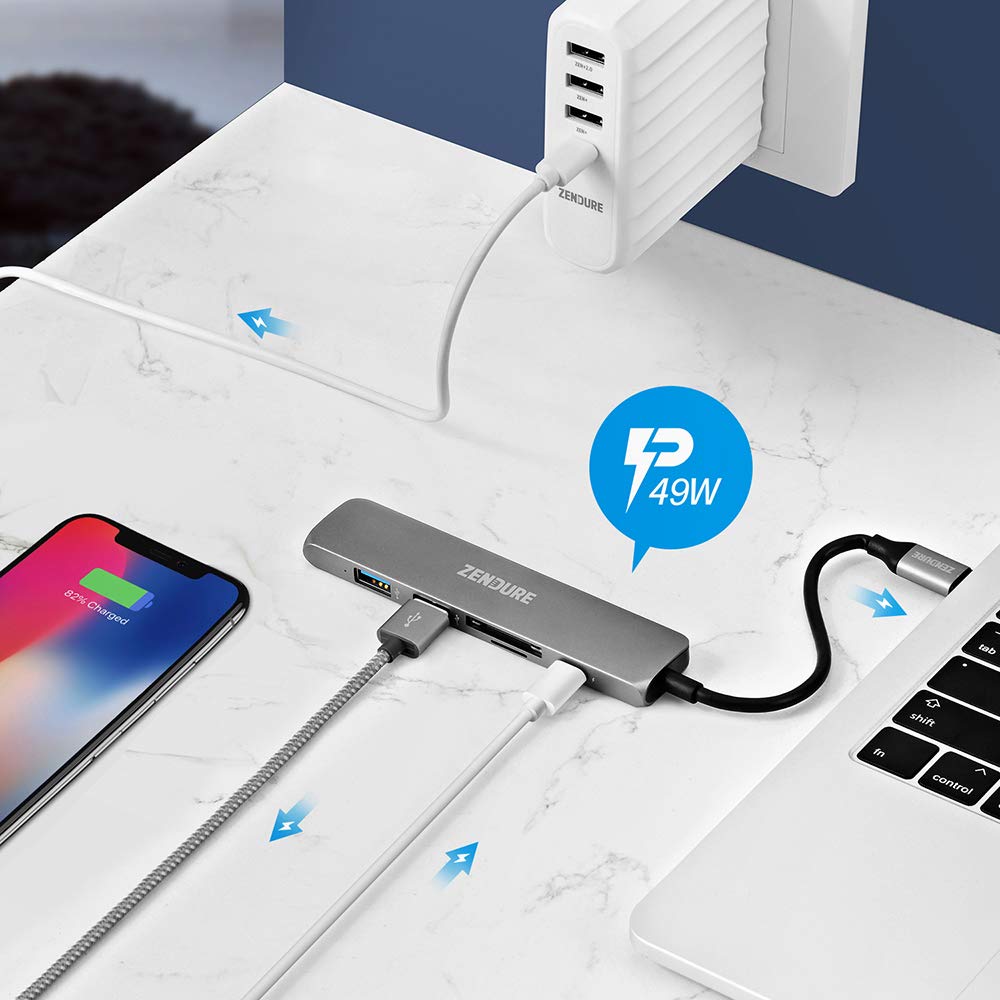 Zendure 6-in-1 Slim USB-C Charging Hub (Adaptador de aluminio con 4K USB-C a HDMI, Lector de tarjetas MicroSD/SD y 2 puertos USB 3.0, compatible con MacBook, iPad, Chromebook, XPS y muchos más), Plata