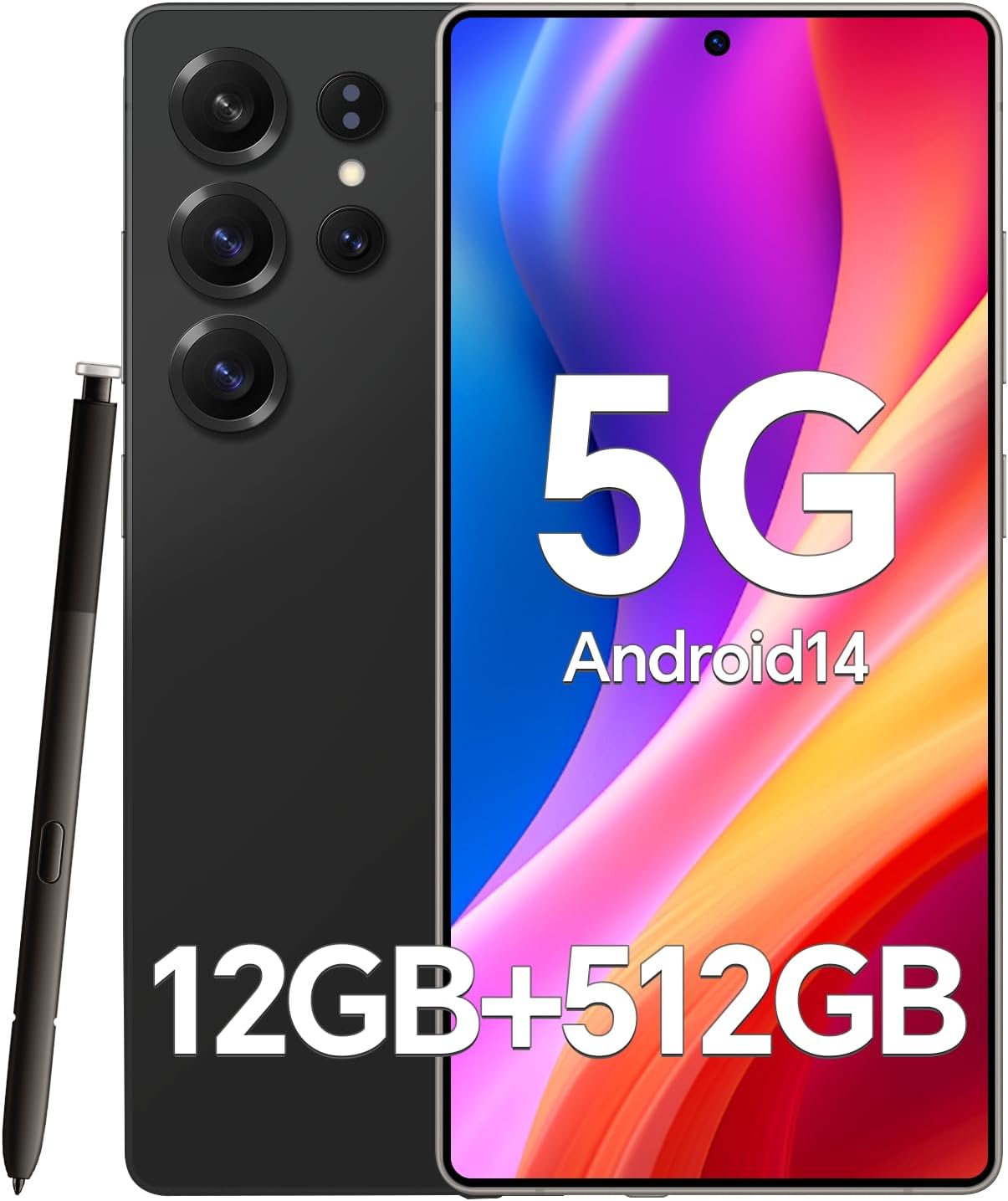 Unlocked Phones M25 Build-in Pen, Android 14.0 Smartphone, 5000mAh Long Battery,12GB+512GB Unlocked Cell Phone, 48+108MP Camera, Dual SIM, 6.9“ HD Screen, Face ID/GPS/WiFi,Black