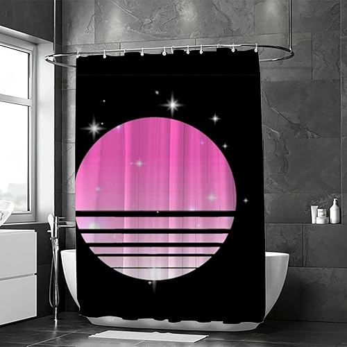 Kuizee Synthwave Cyberpunk - Cortina de ducha para baño de 72 x 72 pulgadas con 12 ganchos Synthwave Cyberpunk Sun Starry Sky Black Bañeras de